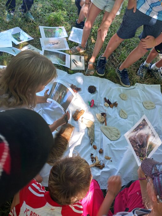 Kinder mit Decke und Naturmaterialien